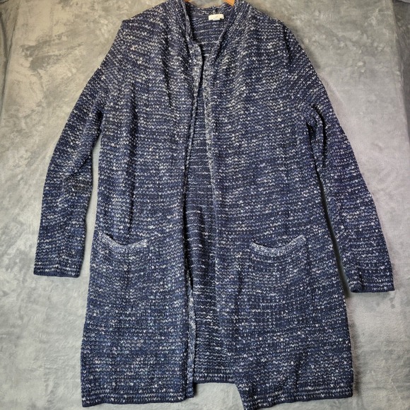 J Jill Womens M Petite Blue Marled Knit Cardigan Sweater Front Pockets Cozy - Picture 3 of 10